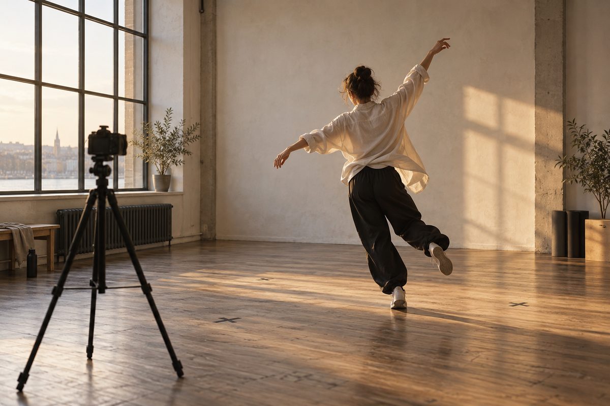 En anonym danser beveger seg i et lyst studio mens et kamera på stativ filmer øvelsen ved vinduet.