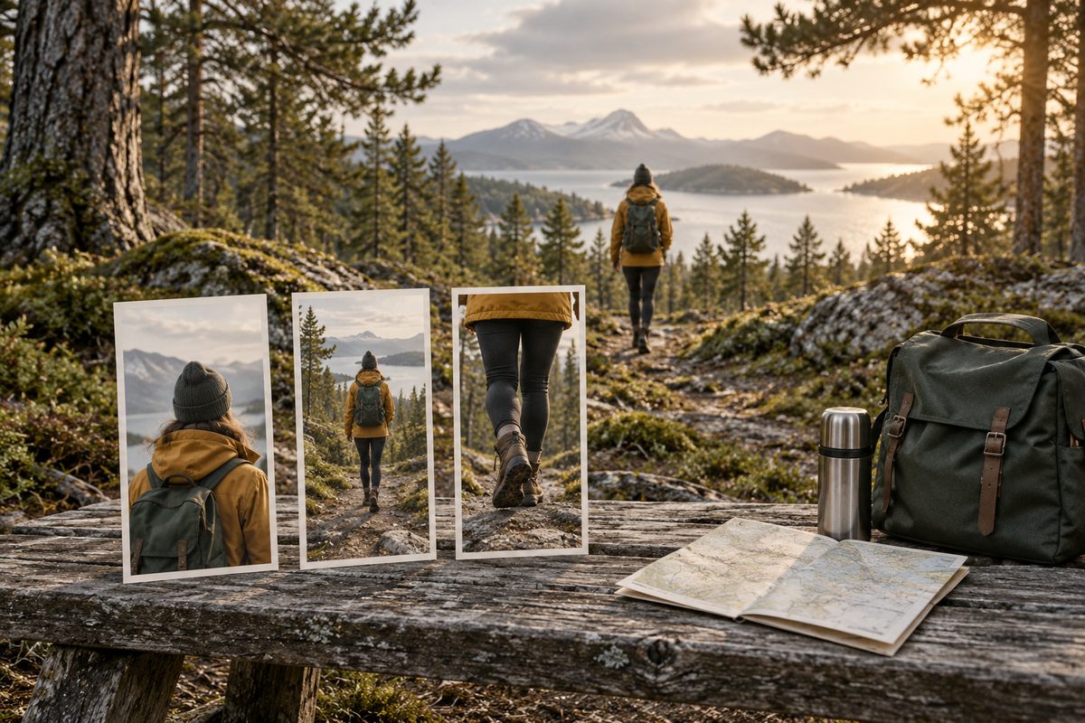 En anonym skikkelse i sennepsgul jakke går mot fjorden mens vertikale bildeutsnitt, sekk og termos ligger på en benk.