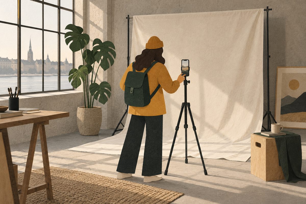 En person sett bakfra gjør seg klar foran en mobil på stativ i et lyst studio med fargeprøver og mykt fotolys.