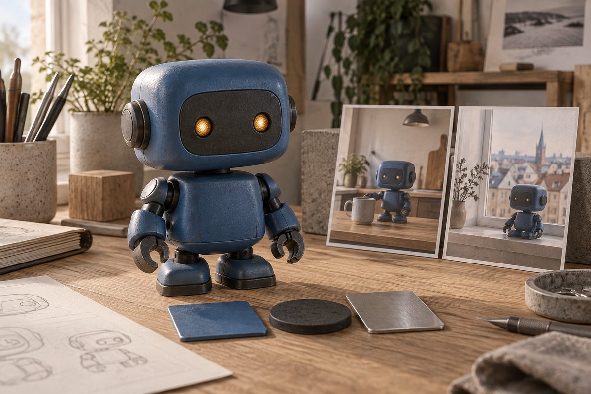 En blå robotfigur med ravgule øyne står på et trebord med materialprøver, skisser og to bilder av figuren i ulike miljøer.