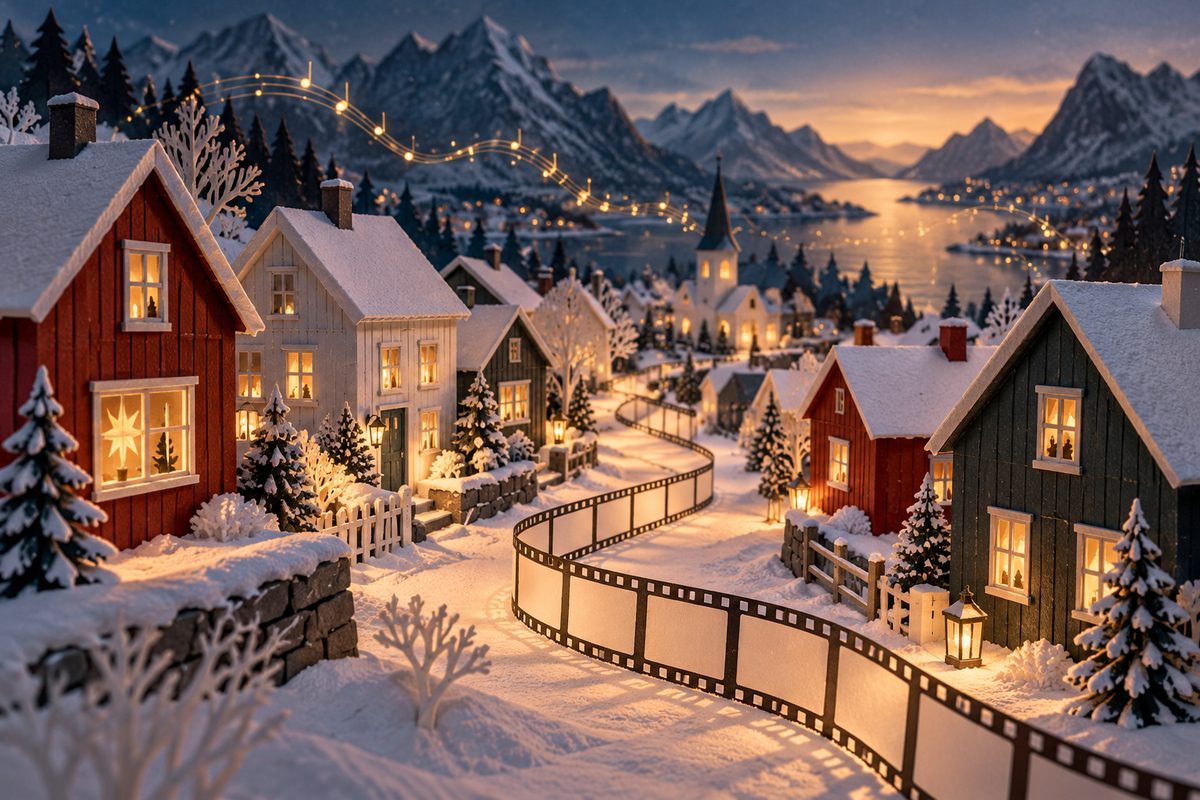Papirlandskap med snødekte hus, tom storyboardstripe, hodetelefoner og lydopptaker ligger på et julepyntet trebord.
