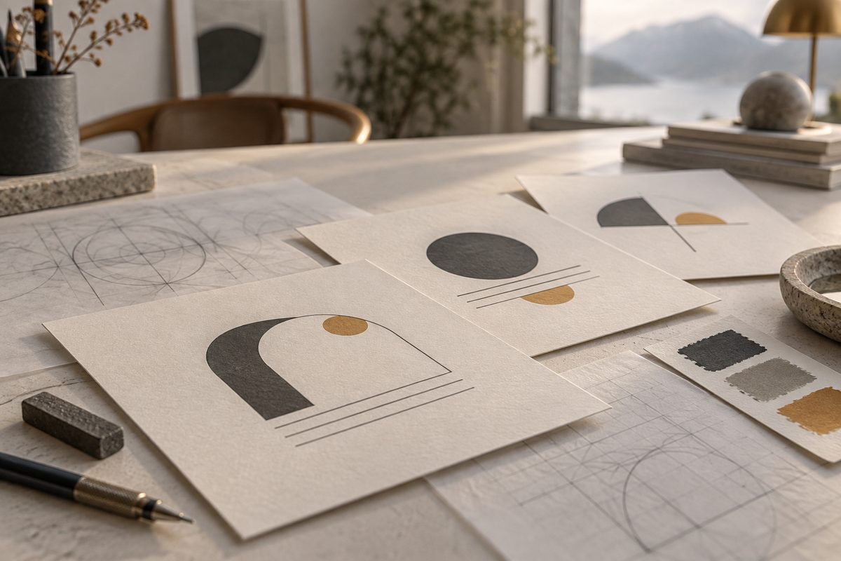 Geometriske former, blyantslinjer og fargeprøver ligger på kort og rutenettpapir ved et lyst designbord.