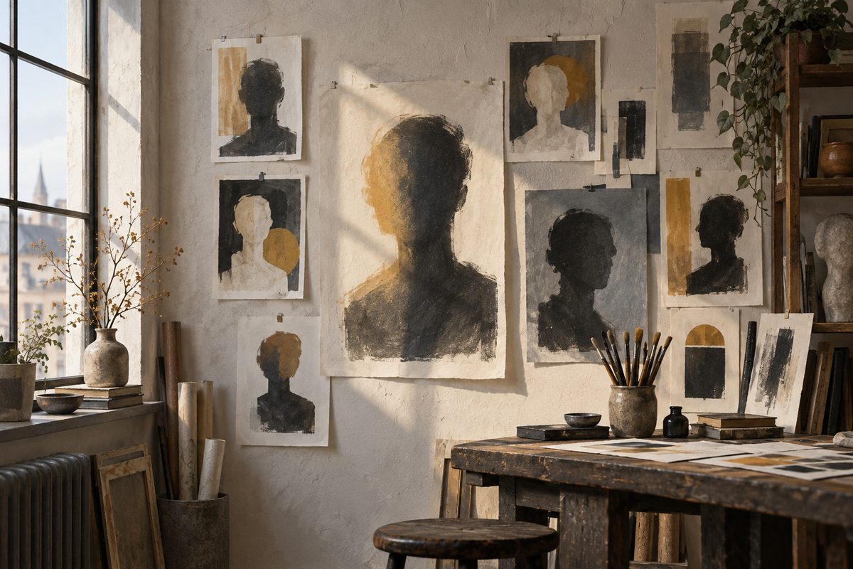 Papirstudier med mørke og okerfargede bystesilhuetter henger på atelierveggen ved et høyt vindu.