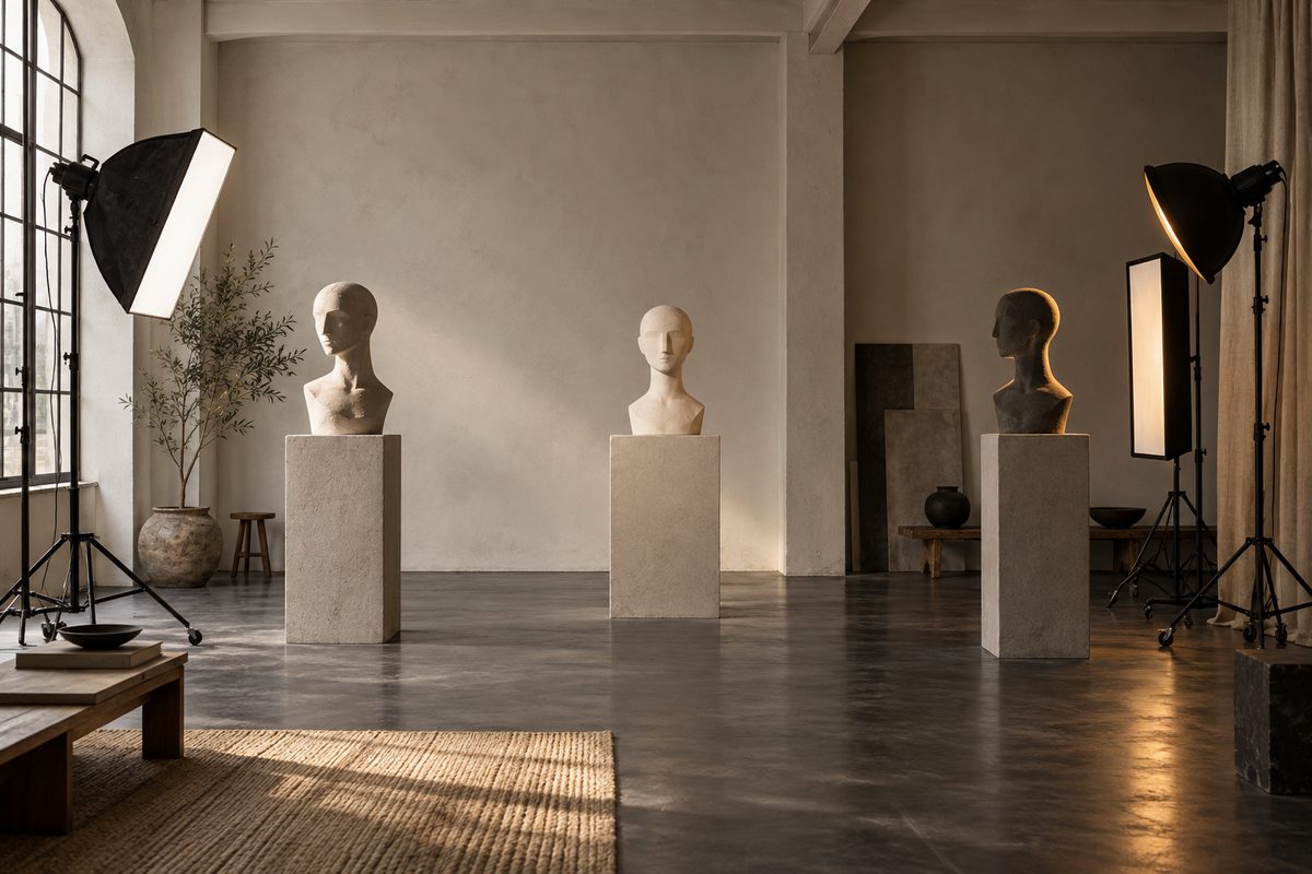 Tre skulpturerte byster på sokler i et fotostudio viser sidelys, frontlys og varmt kantlys fra studiolamper.