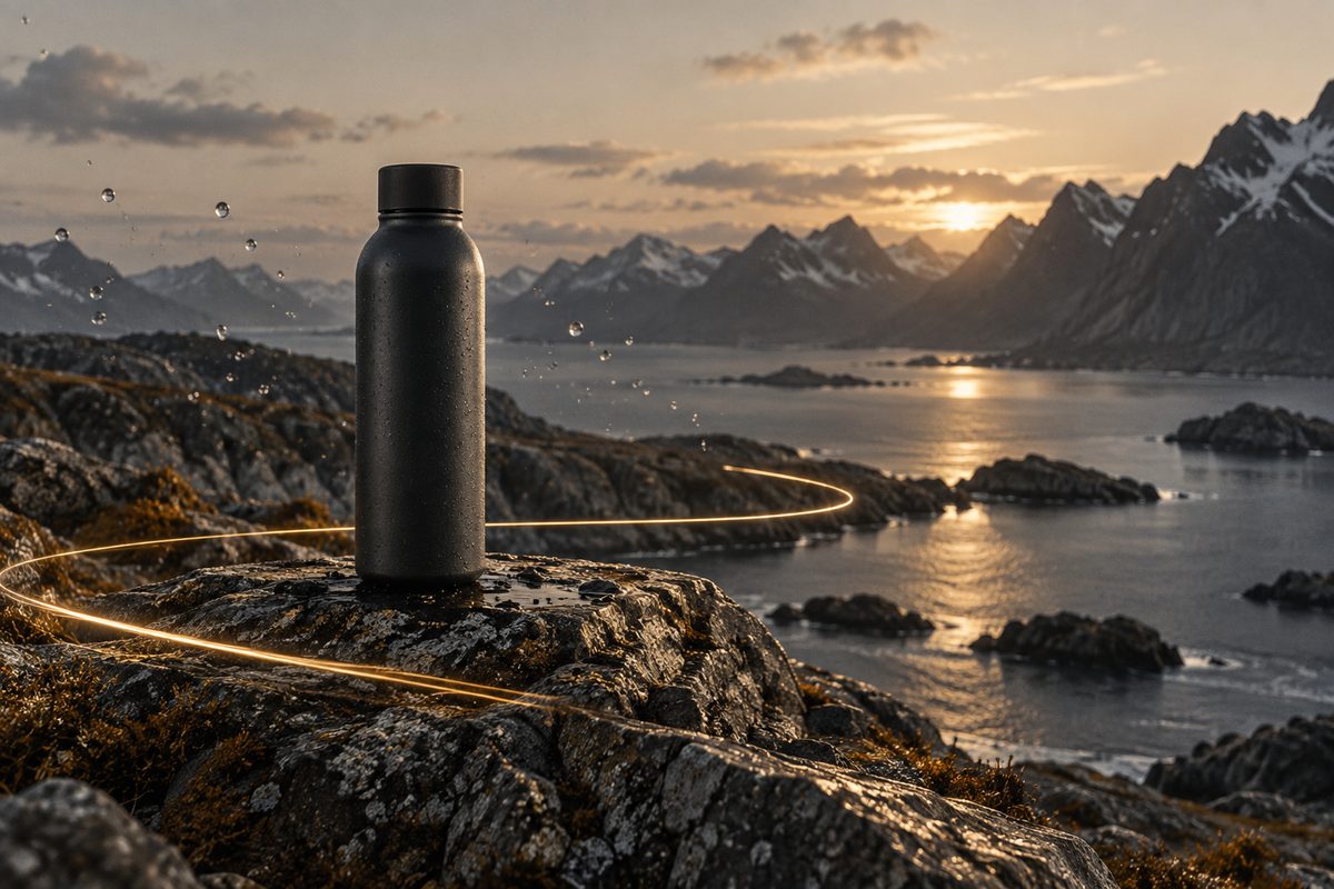 En mørk flaske står på en stein ved fjorden, omgitt av svevende vanndråper og en gyllen lysbue med fjell i bakgrunnen.