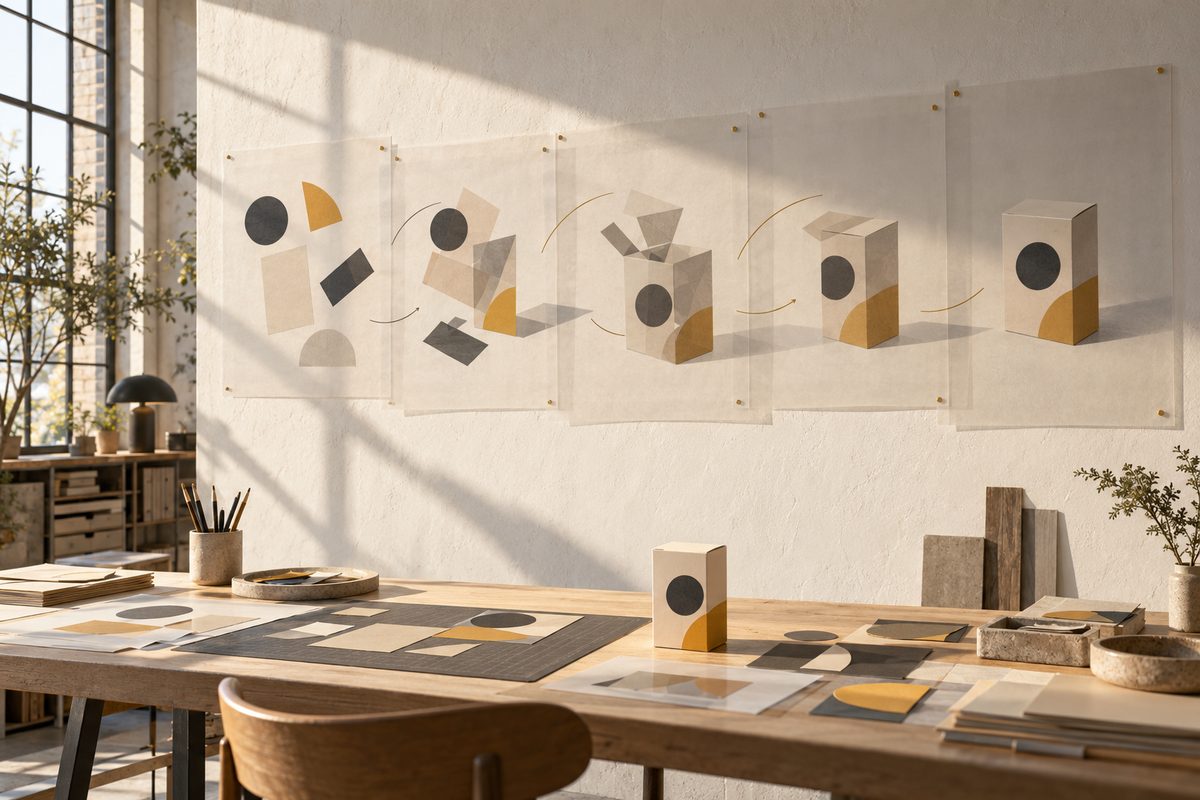 Gjennomsiktige rammer på veggen viser geometriske former som samles rundt en eske i et lyst designstudio.