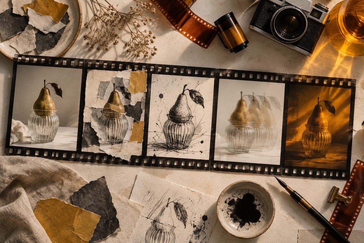 En filmstripe viser en pære i glassvase som går fra naturtro bilde til papirkollasj og kulltegning, med kamera og papir rundt.