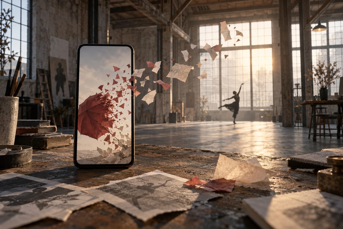 En stående telefon viser en rød paraply som løses opp i papirbiter, mens en danser beveger seg i et solfylt industrilokale.