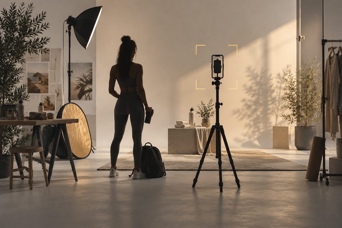 En person bakfra står i et varmt opplyst studio med kamerastativ, reflektor og ryggsekk ved siden av.