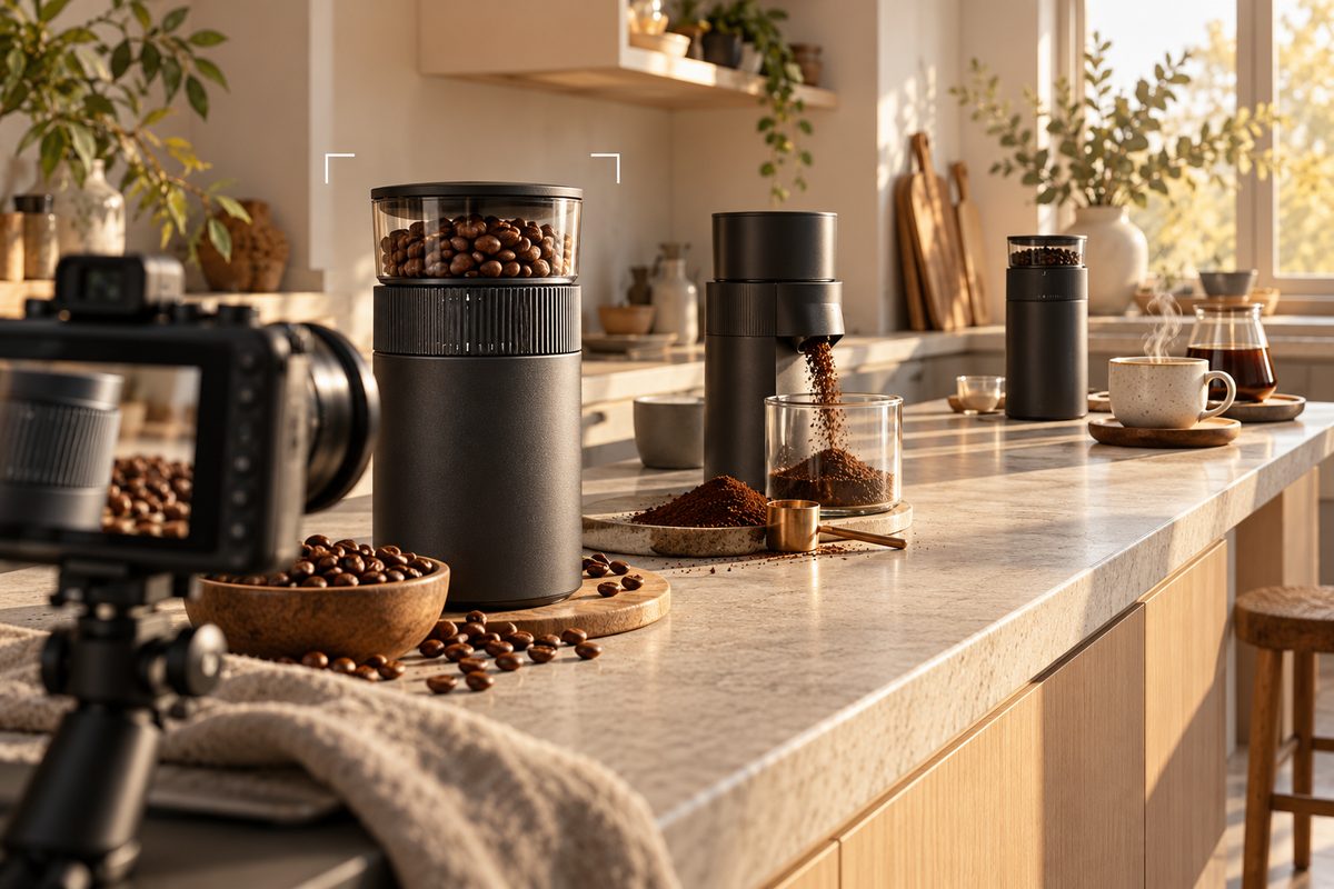 Et kamera filmer en mørk kaffekvern på kjøkkenbenken, med bønner, nymalt kaffe og en ferdig kopp i bakgrunnen.