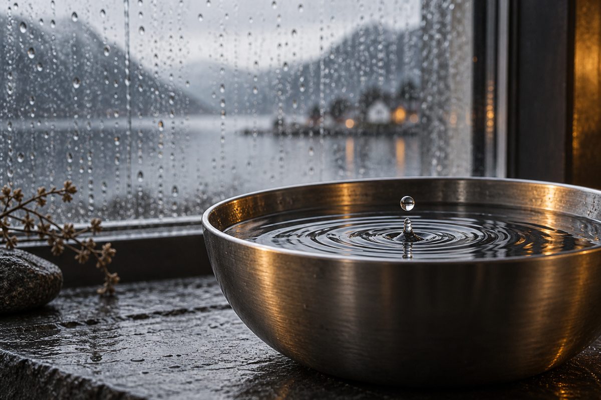 En vanndråpe svever over ringer i en metallbolle foran et regnvått vindu med utsikt mot fjord og fjell.