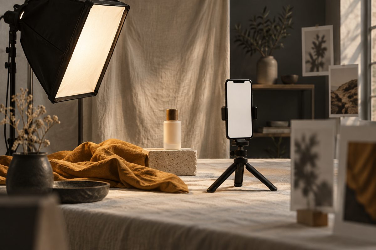 En loddrett mobil på stativ filmer en hudpleieflaske i et lite studio med mykt lys og linbakgrunn.