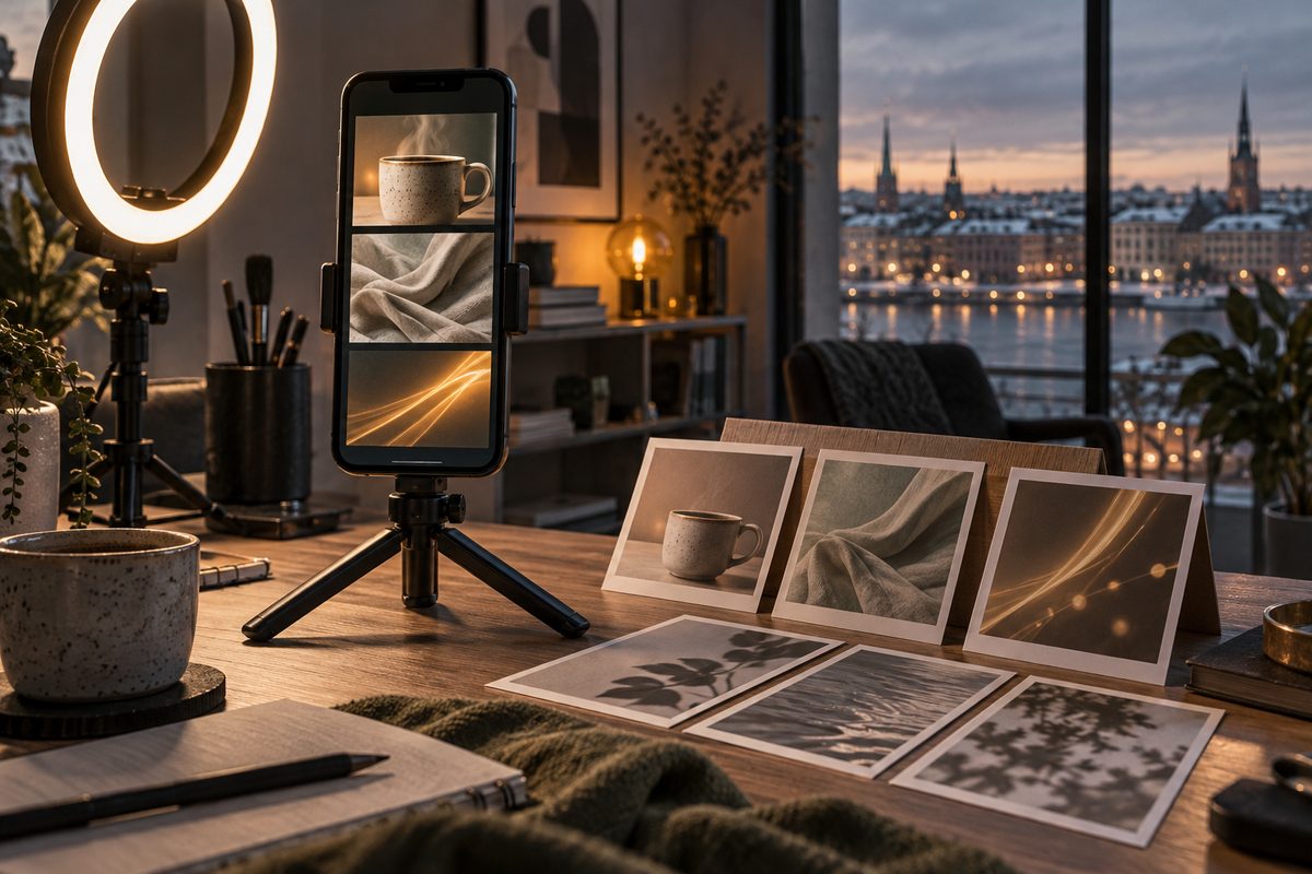 En mobil på stativ viser tre korte videoklipp ved en ringlampe, mens utskrevne storyboardkort ligger utover bordet.
