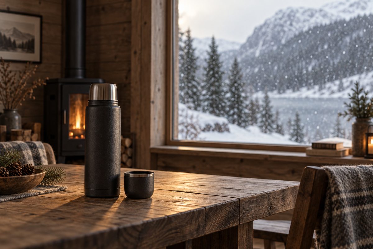 En mørk termos og en kopp står skarpt på et hyttebord, mens snø faller utenfor vinduet med utsikt mot skog og fjell.