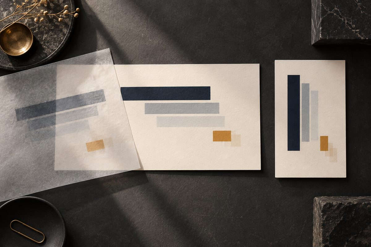 Liggende og stående kort viser mørke og ravgule rektangler med forskjøvede avtrykk, delvis dekket av transparent papir.