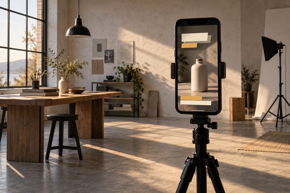 Rett ovenfra ses en vertikal videoramme med fargede overlegg, geometriske kort og lagdelte tidslinjer på et mørkt bord.