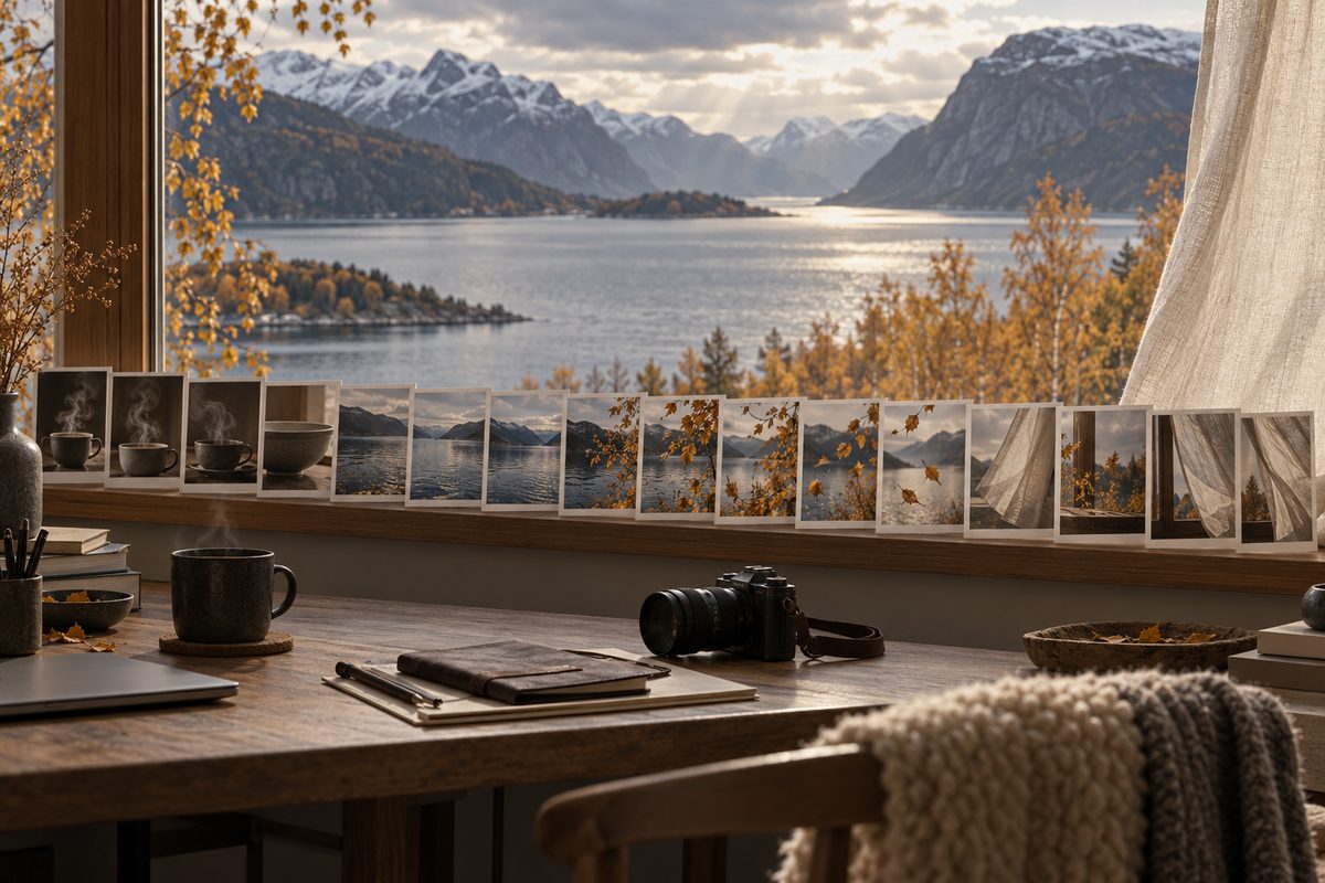 En rekke bildekort med kaffekopper, fjord og høstløv står ved et vindu, med kamera på bordet og fjell utenfor.