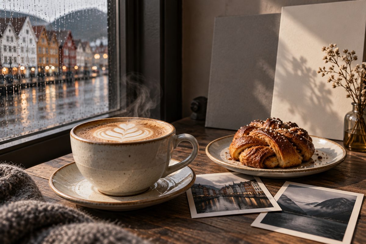 En cappuccino og en kanelsnurr står ved fotografier og nøytrale bakgrunnsplater foran et regnvått kafévindu.