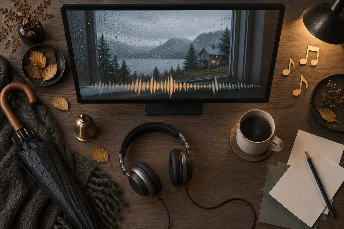 En skjerm viser et regnfullt fjellandskap med bølgeform, mens paraply, metallbjelle, hodetelefoner og kaffekopp ligger på skrivebordet.