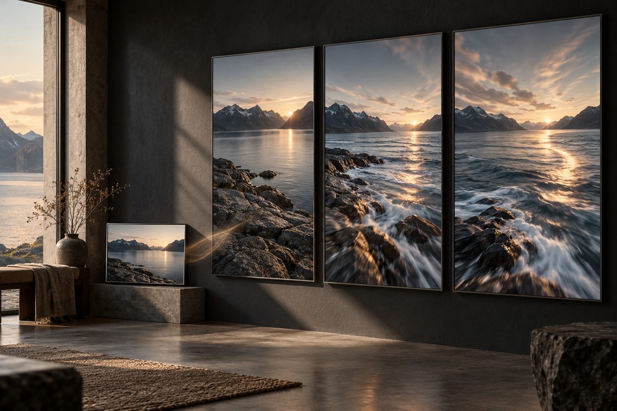 Et kystfoto av fjell og sjø folder seg ut i tre bildefelt med virvlende, gyllen bevegelse.