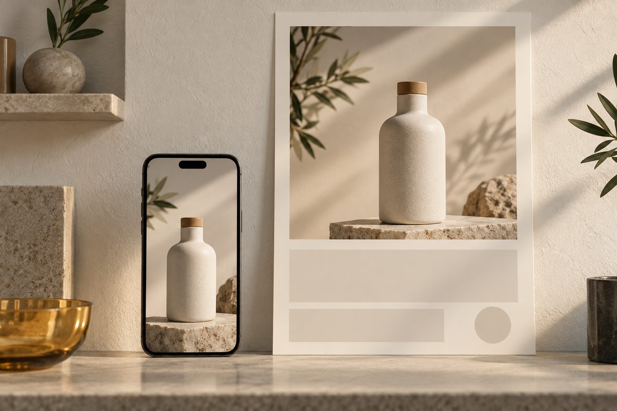 En mobiltelefon med produktfoto står ved siden av en plakat med tomme tekstfelt og en keramikkflaske i varmt lys.