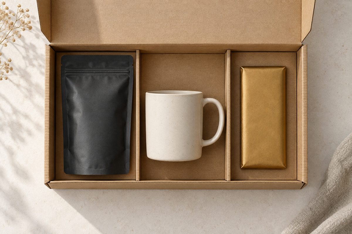 En åpen gaveeske sett ovenfra med en mørk kaffepose, en lys keramikkopp og en gullinnpakket sjokolade i hvert sitt rom.