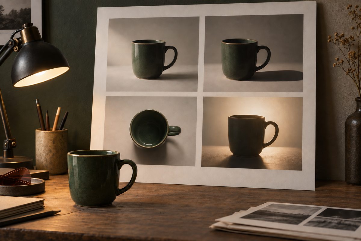En mørkegrønn kopp står foran et ark med fire fotografier av samme kopp i ulik belysning, ved siden av en bordlampe.