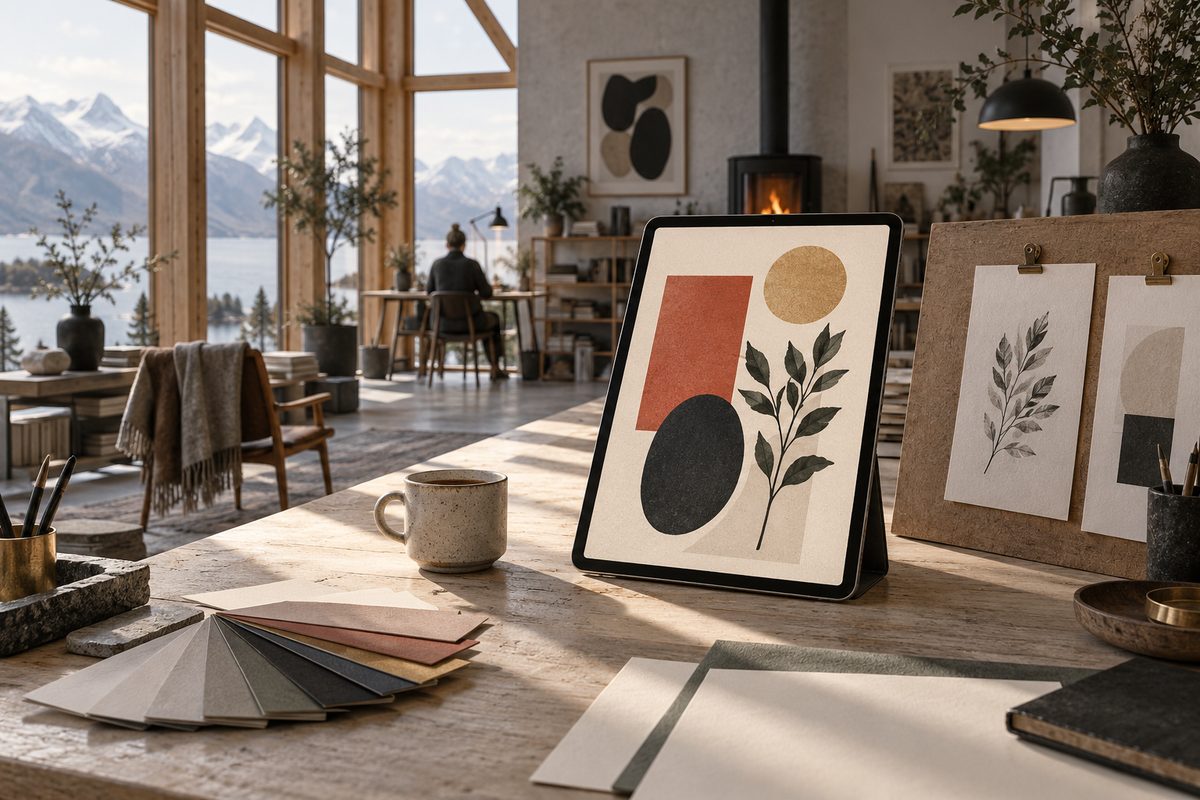 Et nettbrett viser en plakat med terrakottafelt, sirkel og bladmotiv på et lyst atelierbord med papirer og kaffekopp.