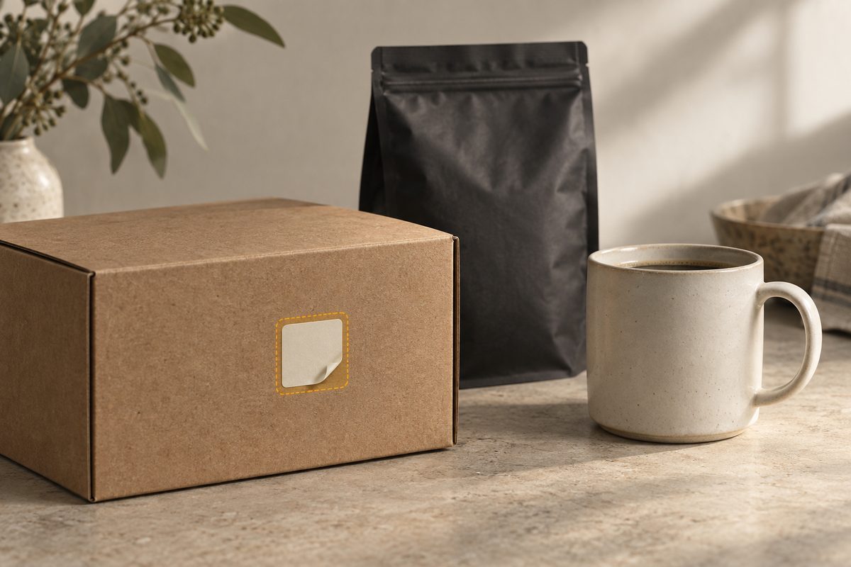 En pappeske, en mørk kaffepose og en keramikkopp på et lyst bord, med en gul stiplet markering rundt en liten etikett på esken.