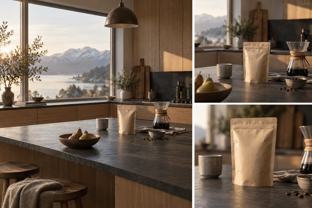 Et storyboard viser et nordisk kjøkken og to stadig tettere utsnitt av en umerket kaffepose på den samme mørke benken.