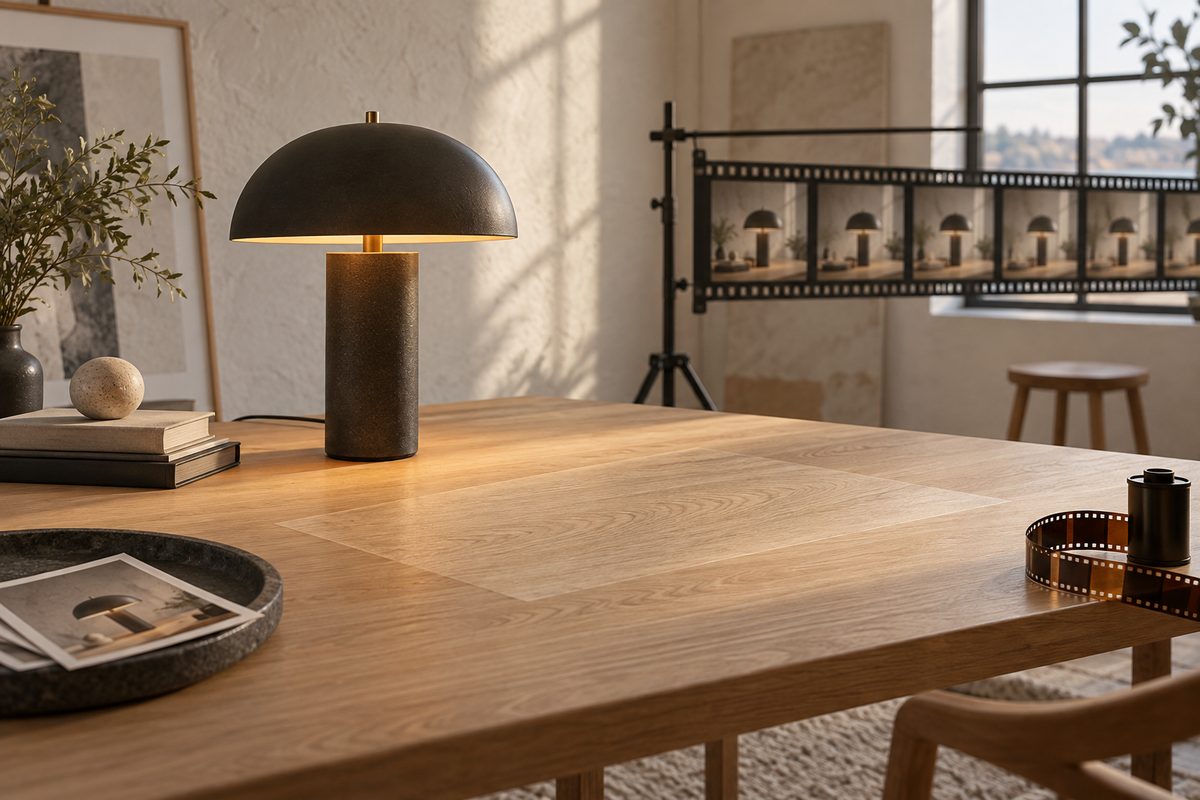 En mørk bordlampe står på et lyst eikebord med et svakt rektangulært felt, mens filmruter med samme lampe henger i bakgrunnen.