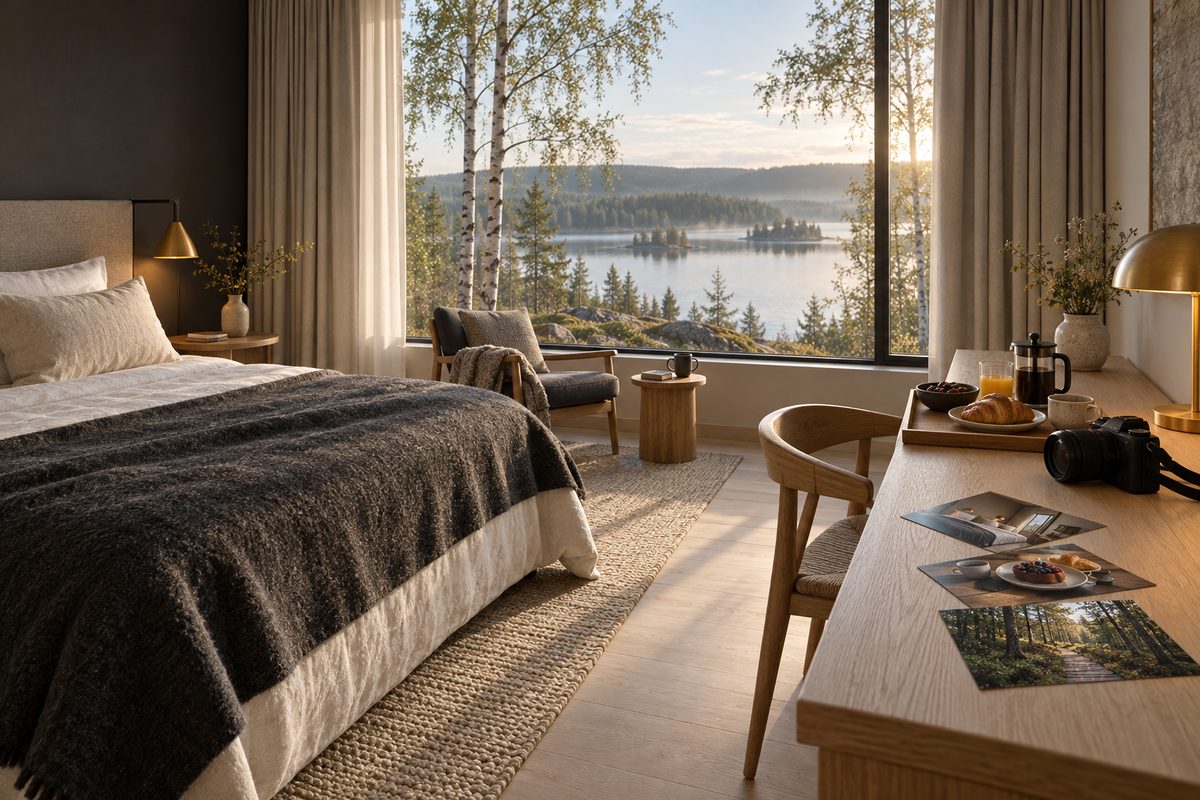 Et hotellrom med skog- og innsjøutsikt har kamera, frokostbrett og fotografier av rom, frokost og tursti på skrivebordet.