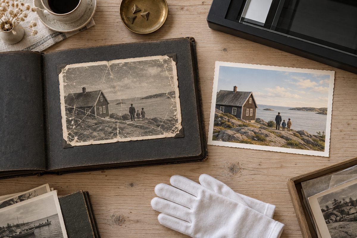 Et slitt fotoalbum og et restaurert fargebilde av et kysthus ligger på et trebord med hvite hansker og en skanner.