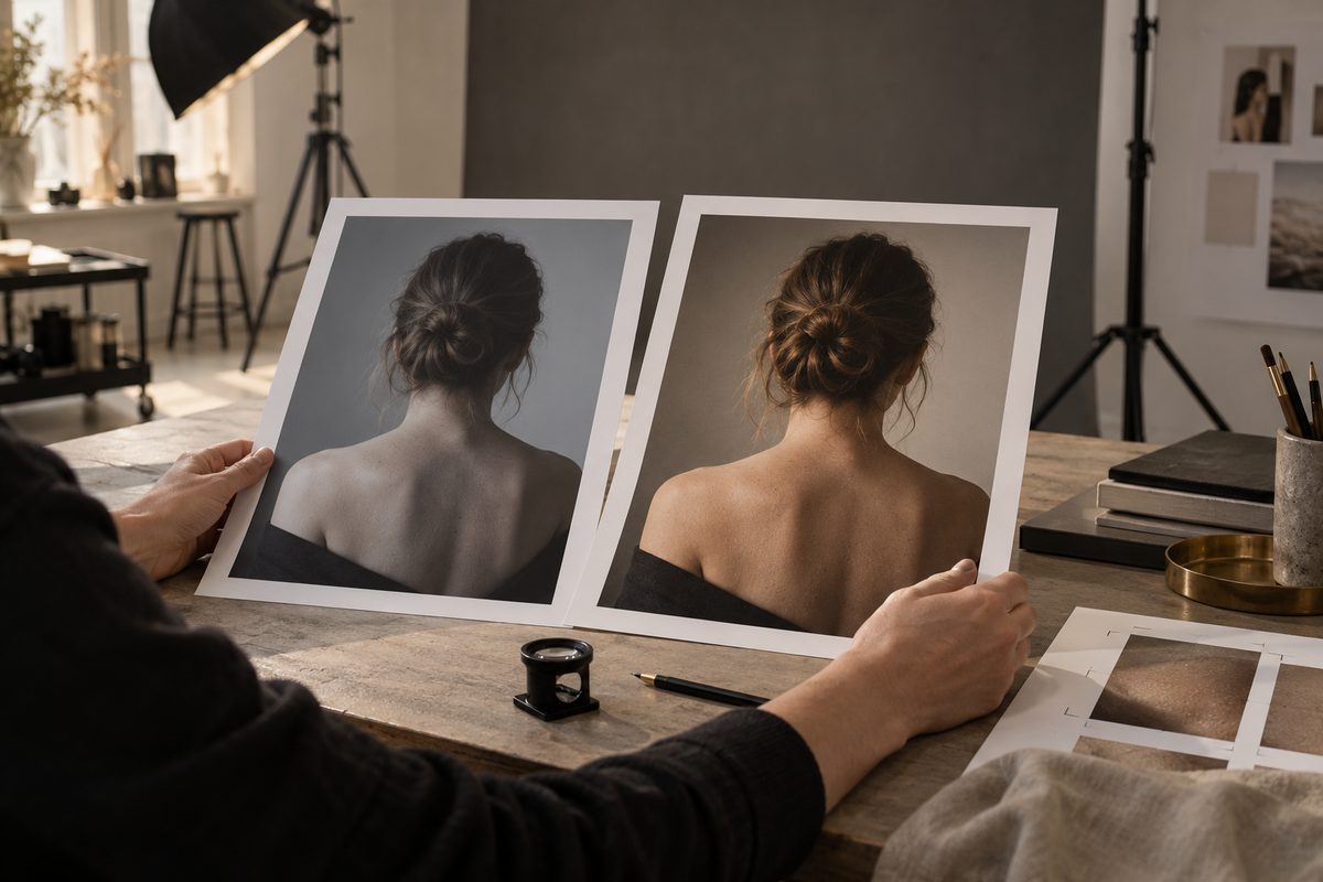 To utskrifter viser en voksen person bakfra med ulikt lys og hudtone, holdt frem i et stille fotostudio.