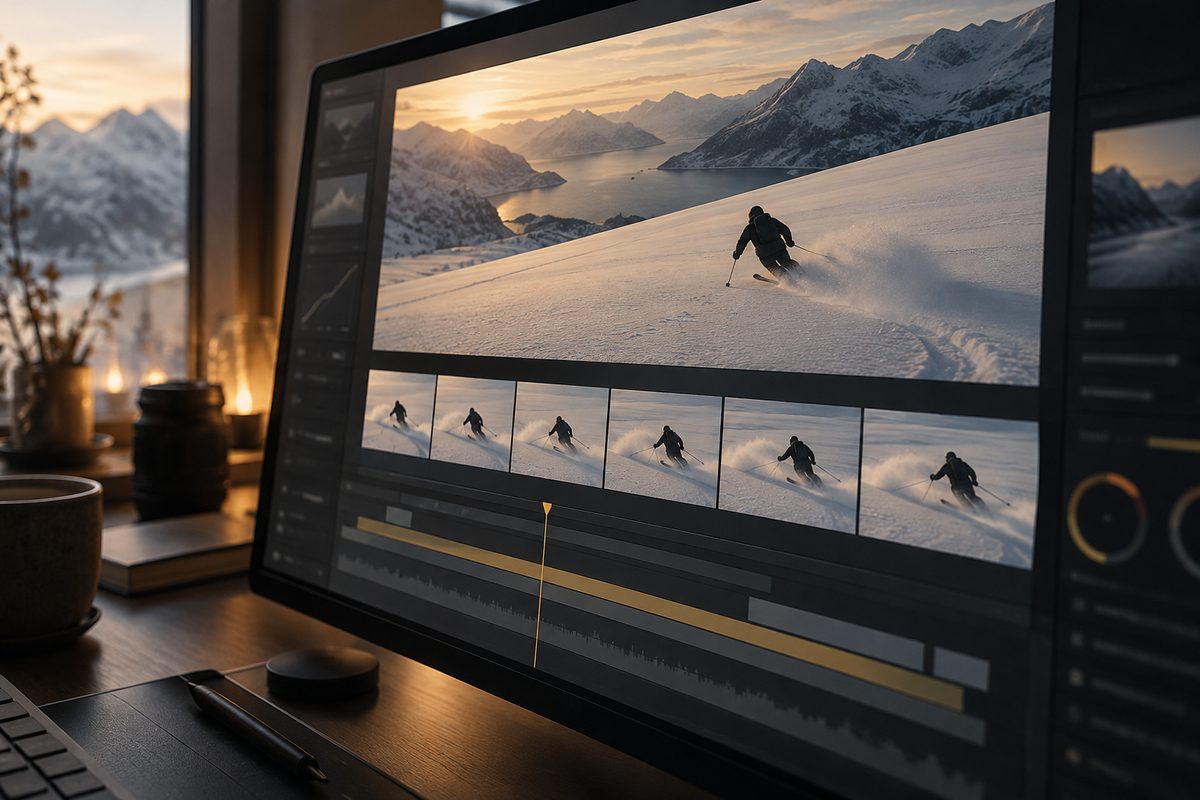 Fem overlappende filmruter følger glasur som helles over et bakverk, med jevne markører langs en gyllen tidslinje.