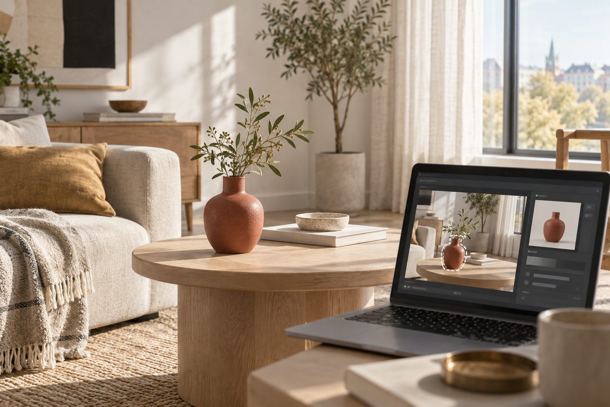 Produktutklipp som plasseres i en ny scene med perspektivlinjer og myk skygge