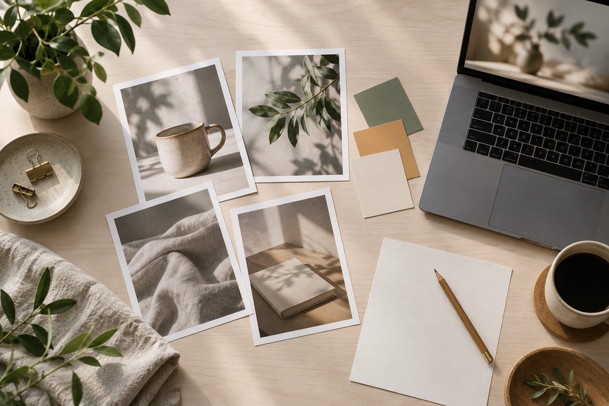 Et moodboard med personfrie produktbilder, fargeprøver, plante, kopp og blank notatbok ligger spredt på et lyst skrivebord.