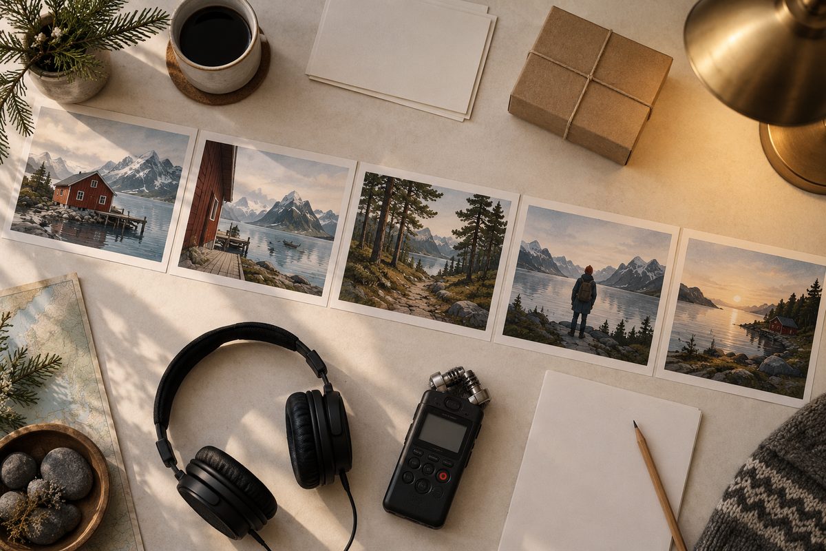 Storyboardkort med fjordscener ligger på et skrivebord sammen med hodetelefoner, lydopptaker og blyant.