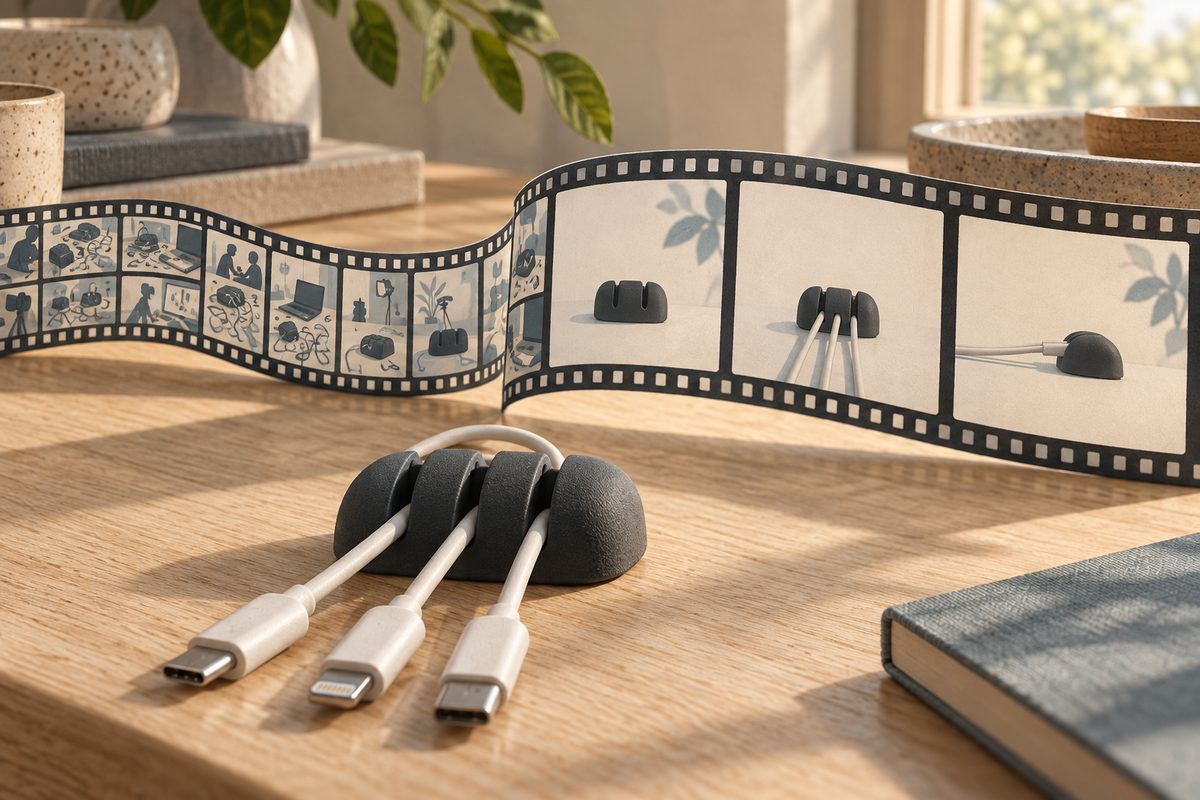 En kabelholder med lyse kabler står på et trebord foran en filmremse som går fra mange små motiver til tre romslige produktruter.