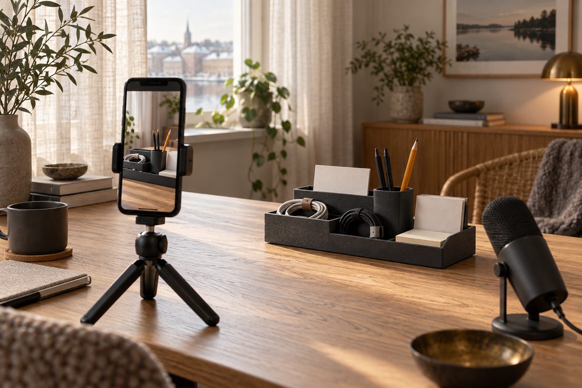 En mobil på stativ filmer en bordorganisator med kabler og skrivesaker, mens en mikrofon står ved siden av i et lyst hjemmekontor.
