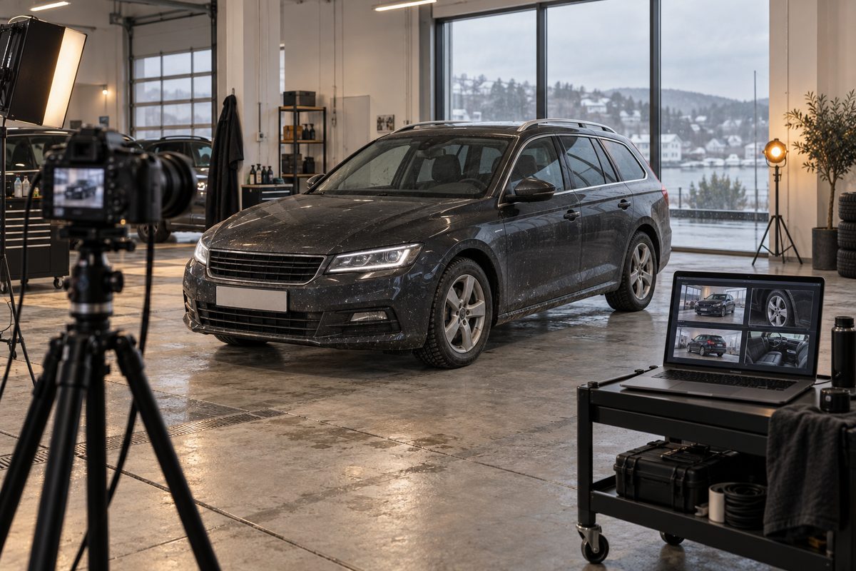 En mørk stasjonsvogn filmes med kamera på stativ i en bilhall, mens en bærbar datamaskin viser utsnitt av bilen.