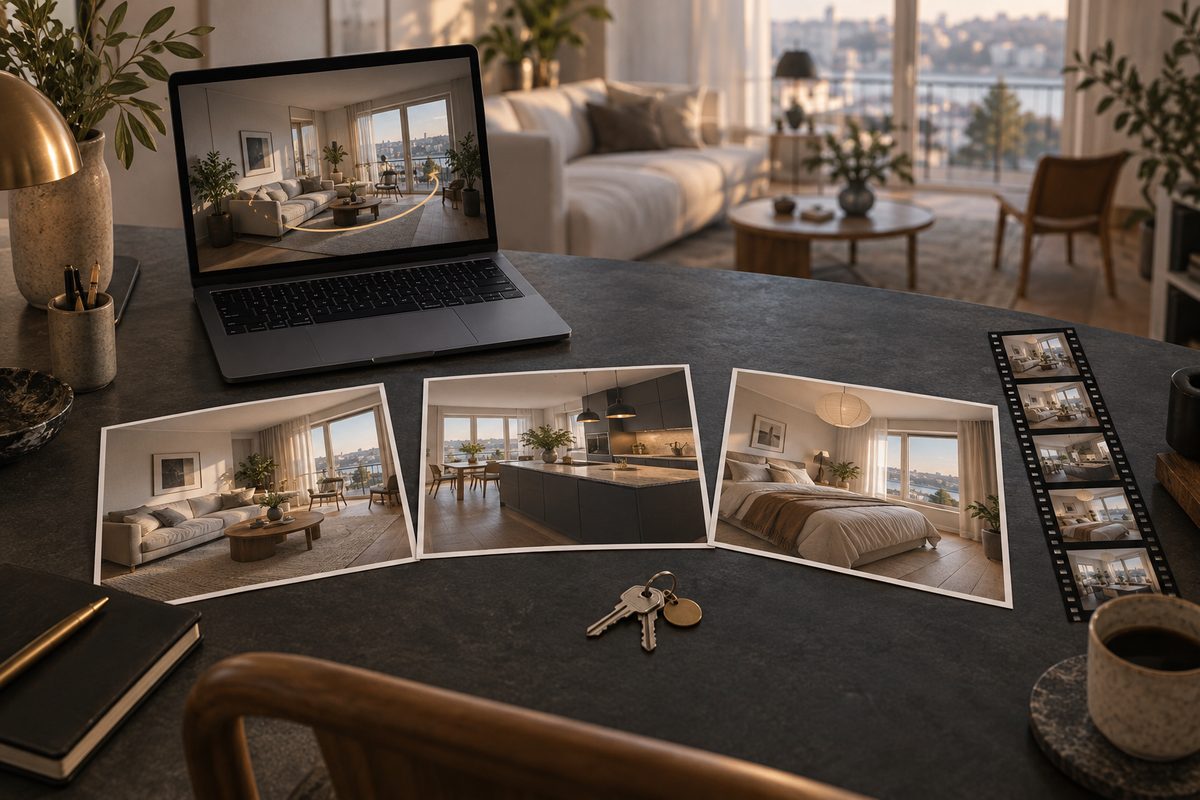 Romfotografier, nøkler og en filmstripe ligger ved en bærbar datamaskin som viser en buet kameralinje gjennom en stue.