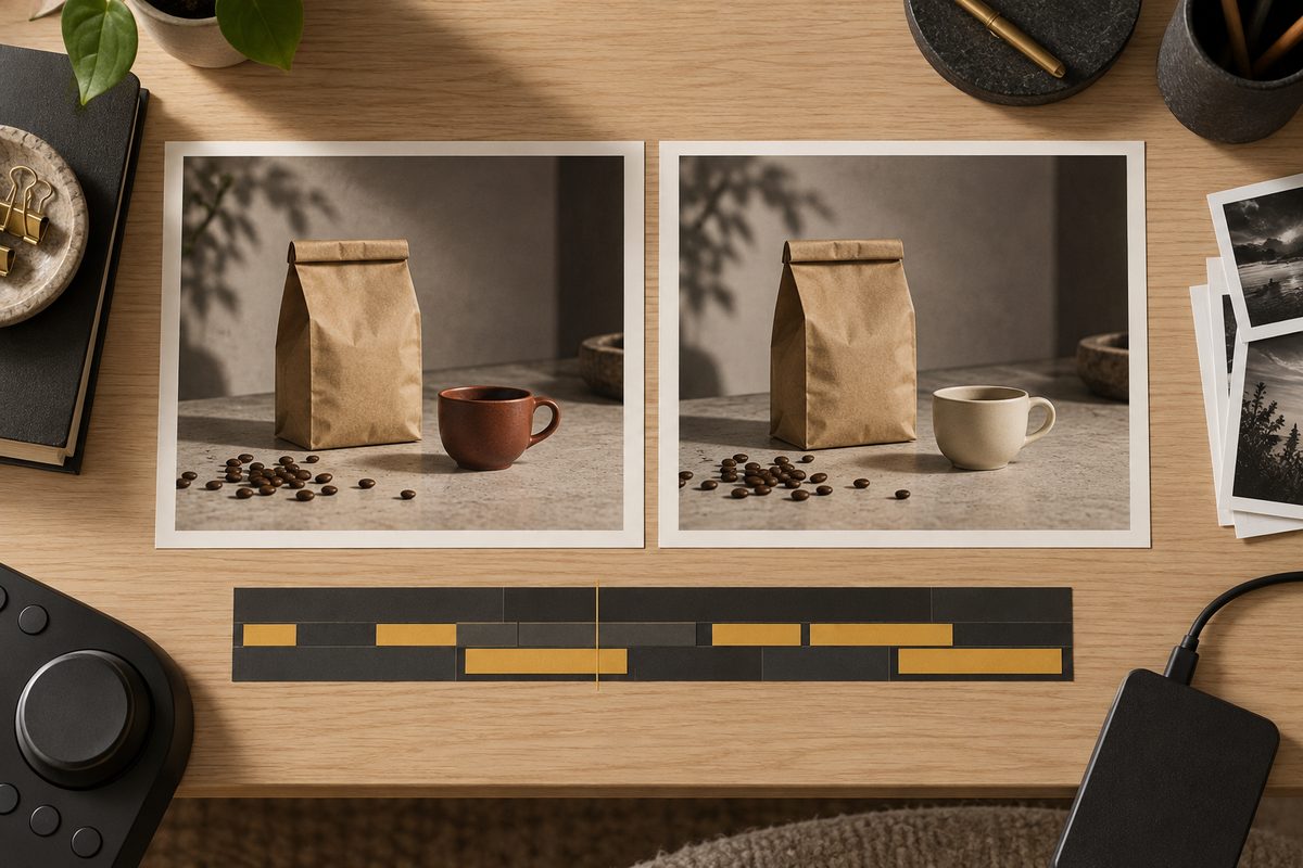 To filmutsnitt på et trebord viser samme kaffepose med rød og kremhvit kopp, over en tidslinje av mørke og gylne felt.
