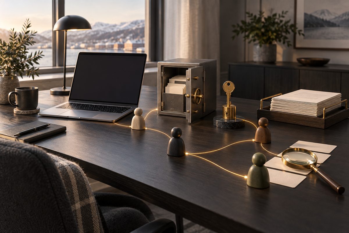 Et nordisk arbeidsbord viser en åpen safe, messingnøkkel, blanke dokumenter og lupe koblet sammen av diskrete gyldne linjer.