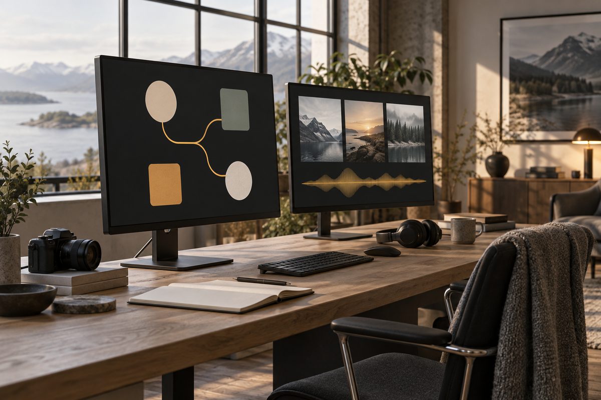 To skjermer på en arbeidsbenk viser en enkel forgrenet arbeidsflyt, naturbilder og en lydkurve i et lyst nordisk studio.