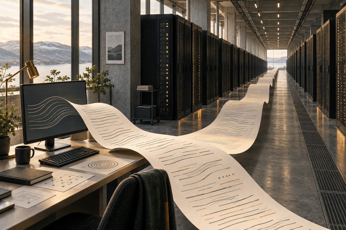 En lang papirstrimmel med abstrakte linjer bukter seg fra en arbeidsstasjon gjennom et nordisk rom med mørke serverrack.