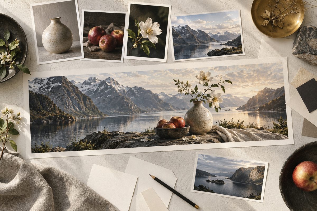 Små referansebilder av vase, epler, blomst og fjord ligger rundt et bredt panoramabilde med de samme motivene.