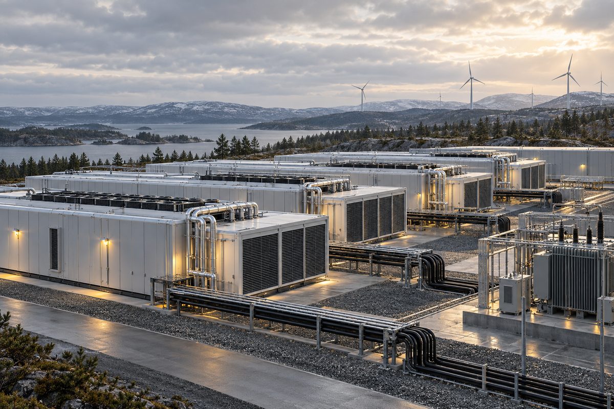 Modulære datasenterbygg med kjølerør og kraftutstyr ligger i et nordisk landskap med vindturbiner og lave fjell.