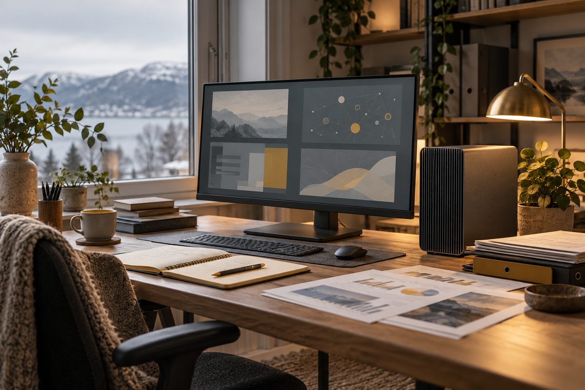 En kompakt datamaskin står ved en skjerm med uleselige felt, omgitt av mapper, arbeidsnotater og diagrammer på et lyst skrivebord.