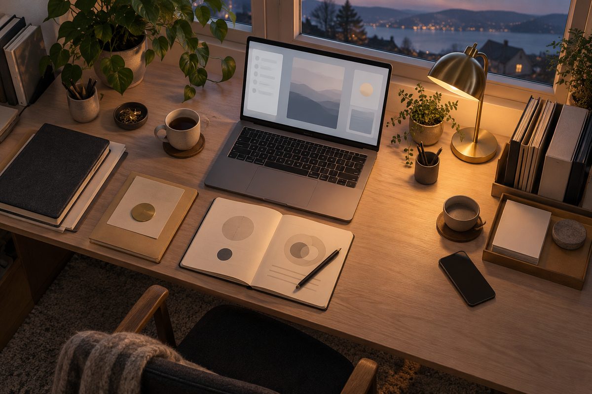 En tom kontorplass med åpen bærbar, blanke arbeidsark og tent skrivebordslampe viser arbeid som fortsetter ved skumring.